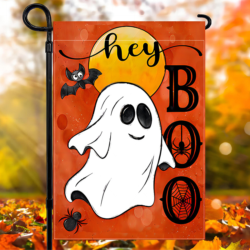 

1pc, Fall Ghost Halloween Garden Flag, Spooky Season Welcome Flag, Hey Boo Flags, Autumn Outdoor Lawn Decor Porch Sign Vertical Burlap Banner Double Sided Waterproof House Flag 12*18inch