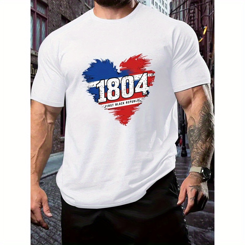 

1804 "independence Heart Trendy Print Men's T-shirt, Comfortable Elastic Round Neck Tee, Ideal For Summer Outdoor Activities, Stylish Streetwear, Casual Top For Men