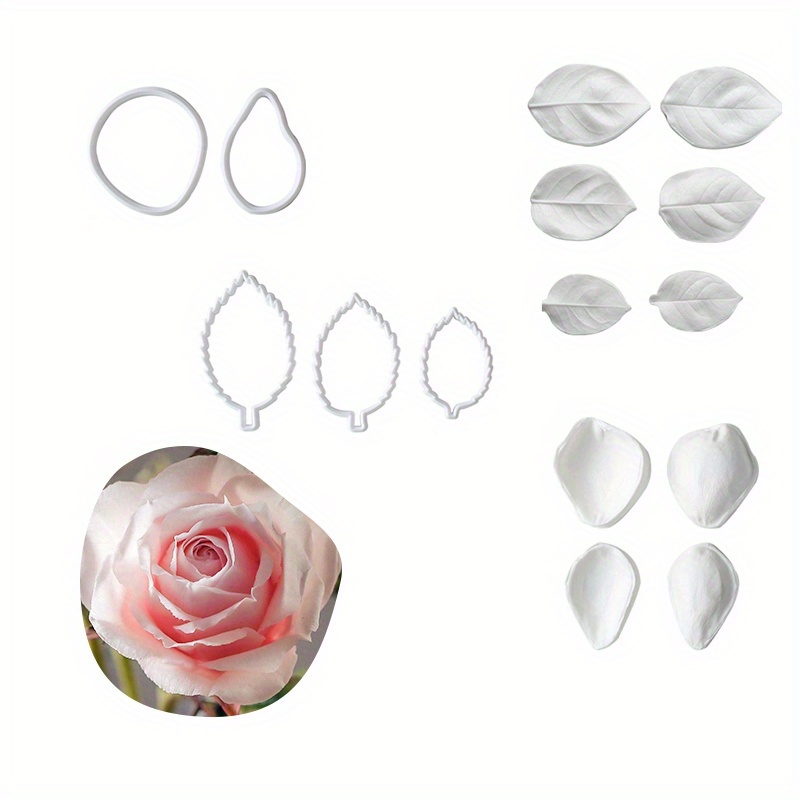 

15pcs Rose Petal Fondant & Gum Paste Silicone Molds With Plastic Cutter Set, Lead-free Cake Decoration Tools For Themed Cakes