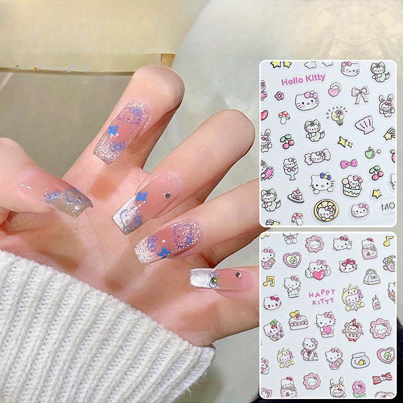 

Hello Kitty Nail Art Stickers - Self-adhesive Glitter Decals For Women, Plastic Anime Themed Nail Decorations, Single Use Rectangle Shaped With Shimmery Finish, Unscented, Multi-patterned