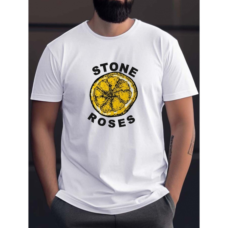 

Men's Versatile Short Sleeve T-shirt " Stone Roses " Creative Print, Stylish And Causal Round Neck Tee With Summer & Spring Trendy Top For Daily Wear