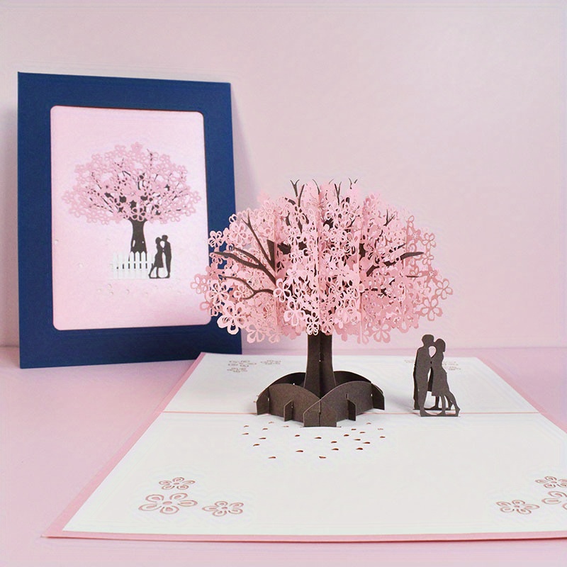 

Handcrafted 3d Pop-up Valentine's Day Card - Pink Cherry Blossom Love Blessing For Couples, Perfect For Weddings & Party Decorations