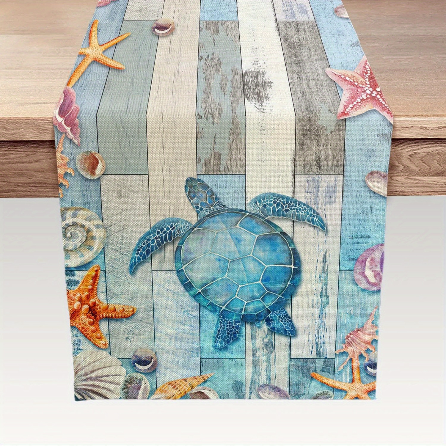 

Jit Rustic Polyester Table Runner 13x72 Inches - Woven Rectangle Dresser Scarf With Beach Theme Seashells, Starfish, Barn Wood Design For Coffee Table, Holiday Parties, Events, And Home Decor