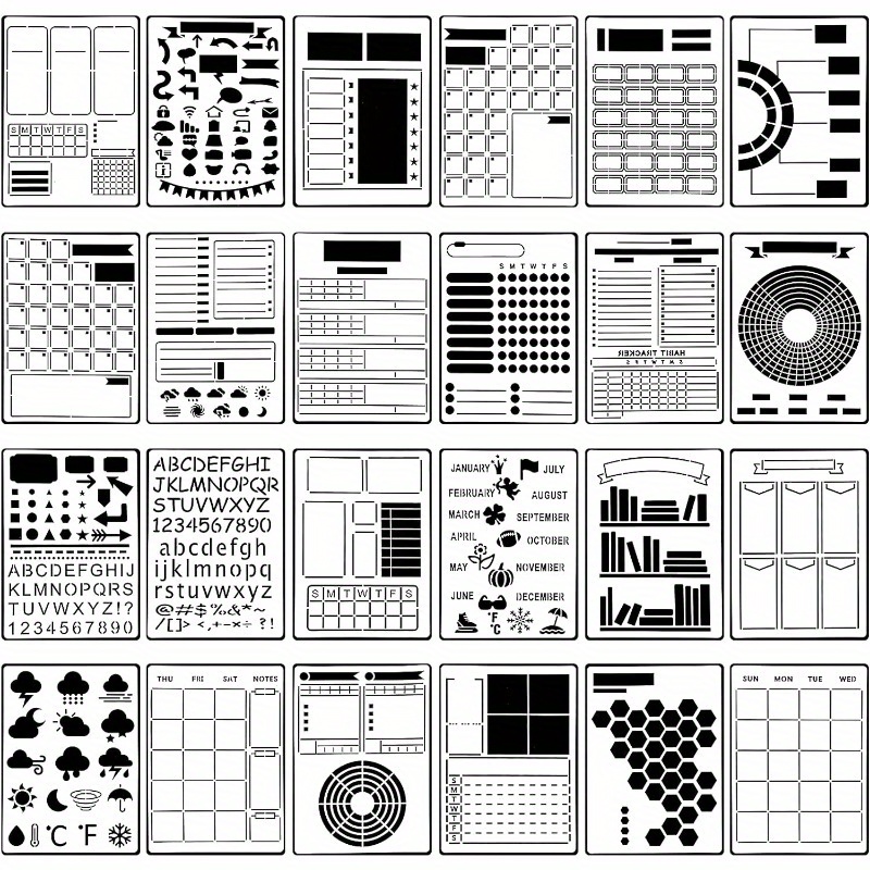 24pcs Journal Stencil Set - Plastic Templates For Bullet Journals, Scrapbooking & Diy Planning | Includes Calendar, Schedule, And Alphabet Designs | Compatible With A5 Notebooks