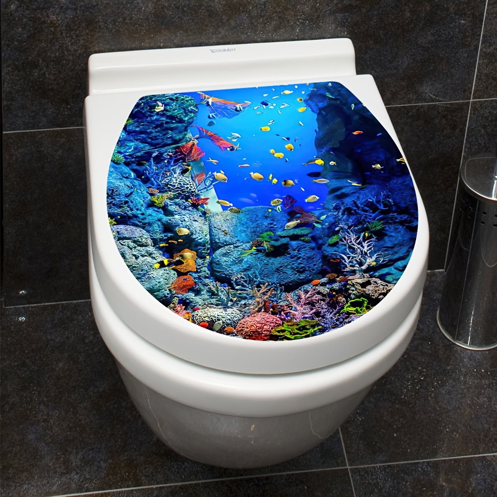 

Ocean Self-adhesive Toilet Lid Decal, Plastic & Coral Stickers, Bathroom Decoration, Unique Ocean Themed Toilet Seat Cover Decals, With For Home And Holiday Gifts