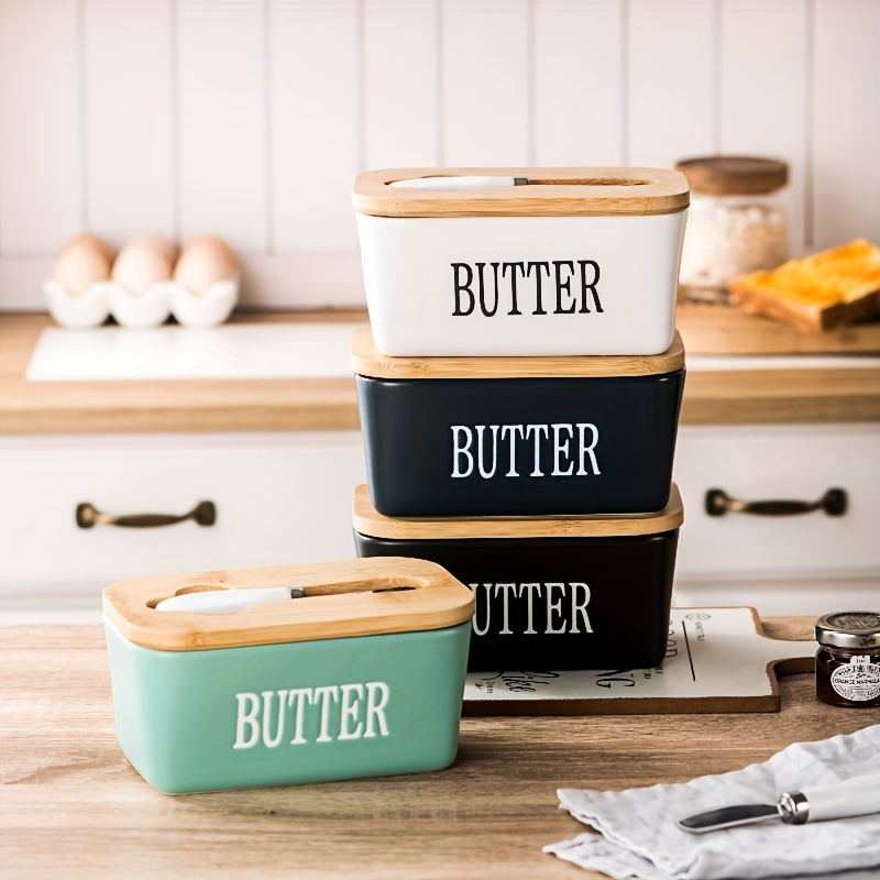 

Ceramic Butter Dish With Lid And Knife - 1pc Rectangular Sealed Butter Container, Food-safe Cheese Storage Box For Kitchen Organization