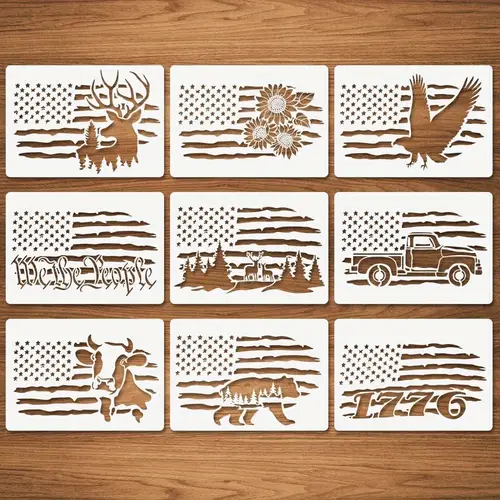 9pcs Patriotic American Flag DIY Stencils Set - , Deer, 1776, Cow, Bear, Truck, Sunflower - Reusable Plastic Painting Templates for Wood Canvas Wall Fabric Decor