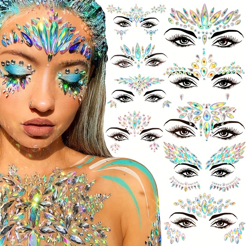 

5pcs 3d Crystal Tattoo Sticker Drill Stickers, Eyes Sticker, Party Face Stickers, Face Decoration, Artificial Diamond Masquerade Temporary Tattoo - Ideal Choice For Gifts