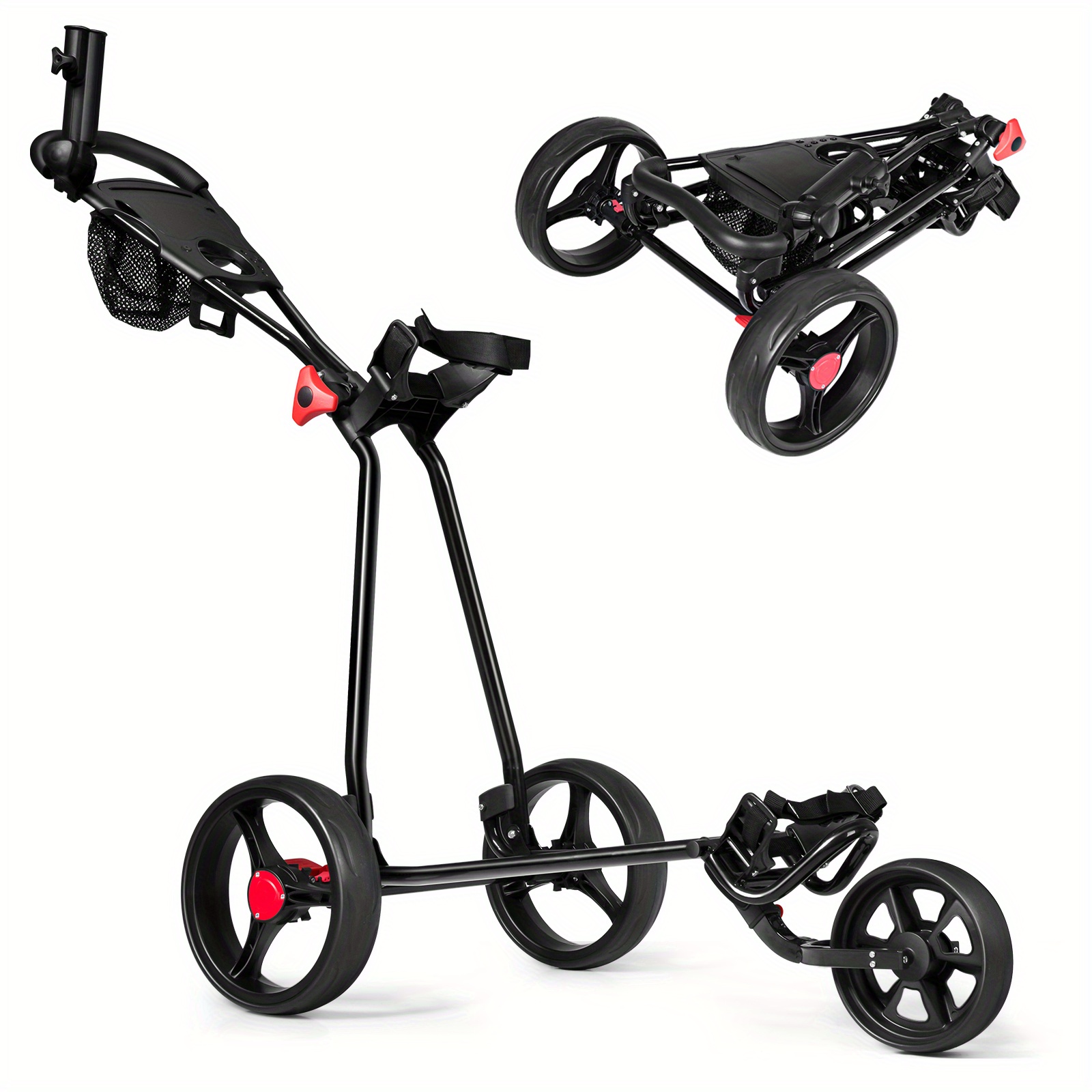 

Goplus New Foldable 3 Wheel Golf Pull Push Cart Trolley Scorecard Drink Holder Mesh Bag