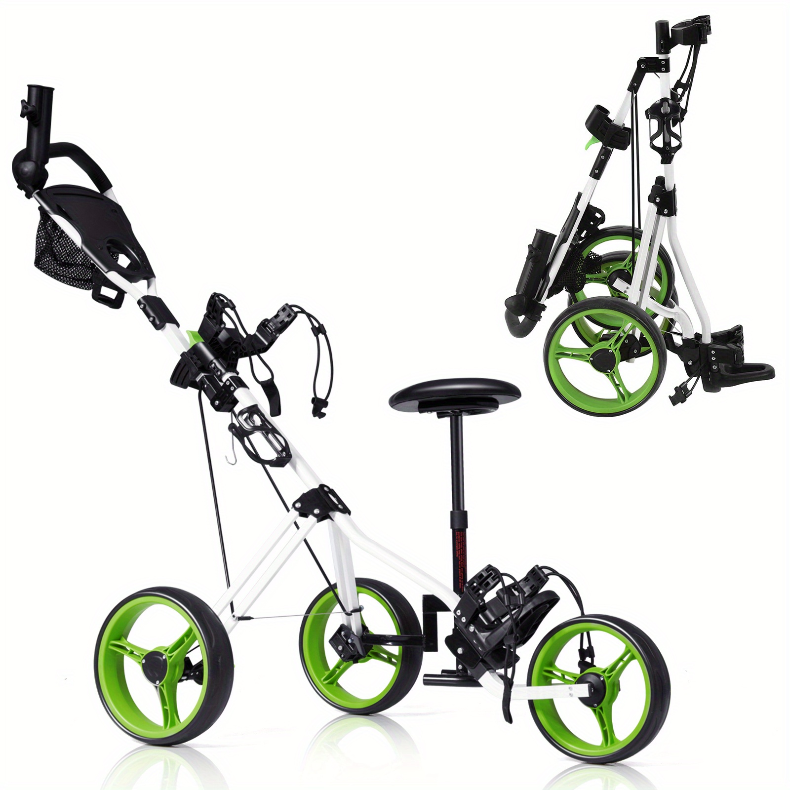 

Goplus 3 Wheel Push Pull Golf Club Cart Trolley W/seat Scoreboard Bag Swivel