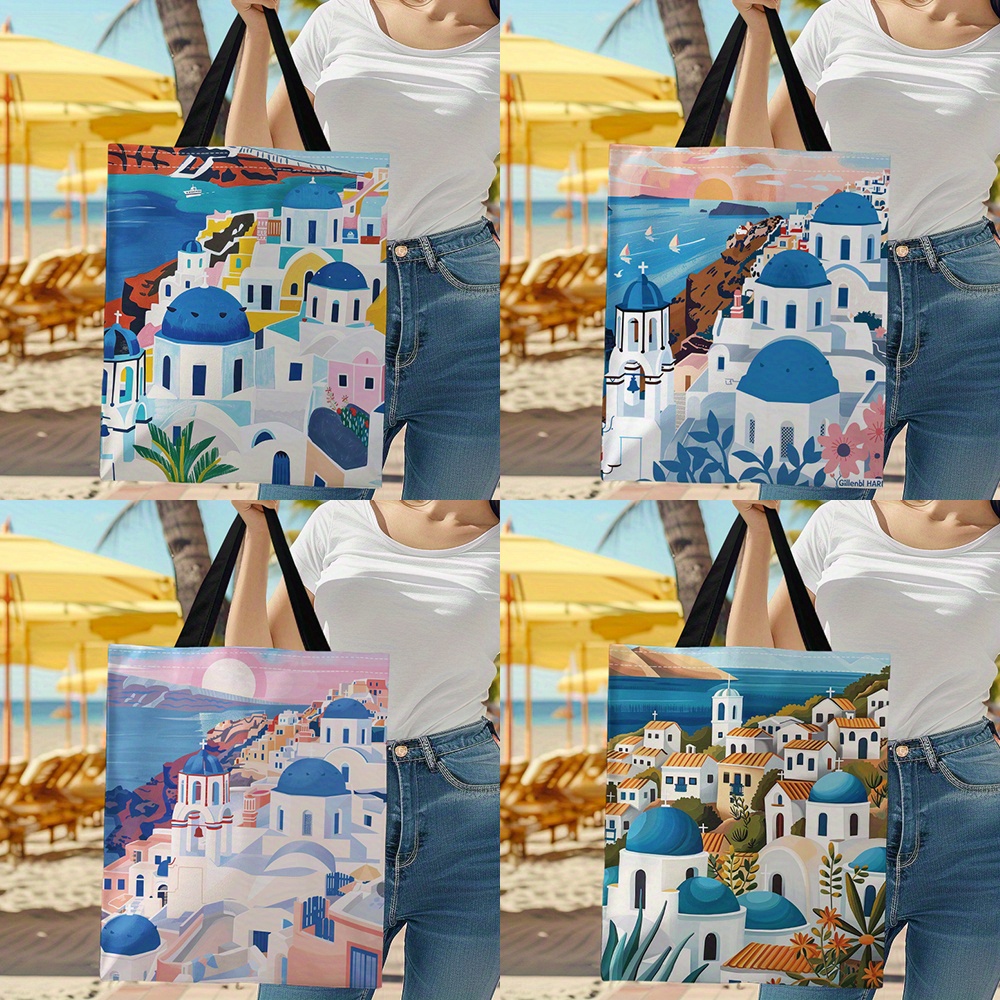 

1pc A Small Town By The Sea Print Canvas Tote Bag, Perfect For Shopping, Portable Shoulder Bag For Daily Use, Vacation, Work