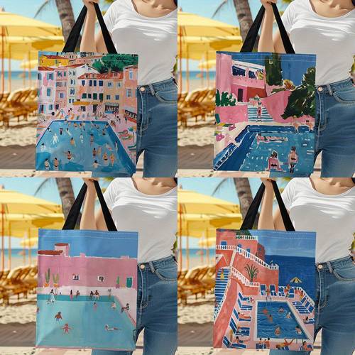 1pc Watercolor Style Pool Party Print Canvas Tote Bag, Perfect For Shopping, Portable Shoulder Bag For Daily Use, Vacation, Work