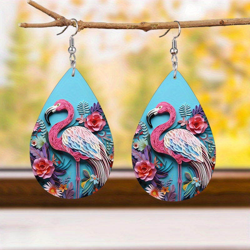 Flamingo Flower Embossed Teardrop Earrings, Lightweight
