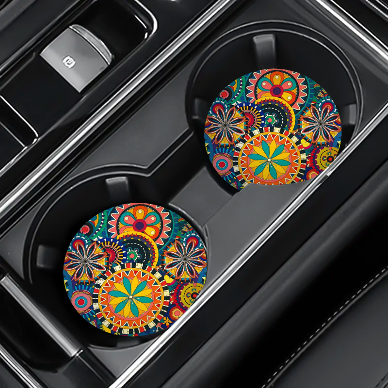 

2-pack Colorful Mandala Flower Faux Leather Car Coasters - 2.75-inch Circular Cup Holder Inserts For Car Interior Decoration And Festive Gifts