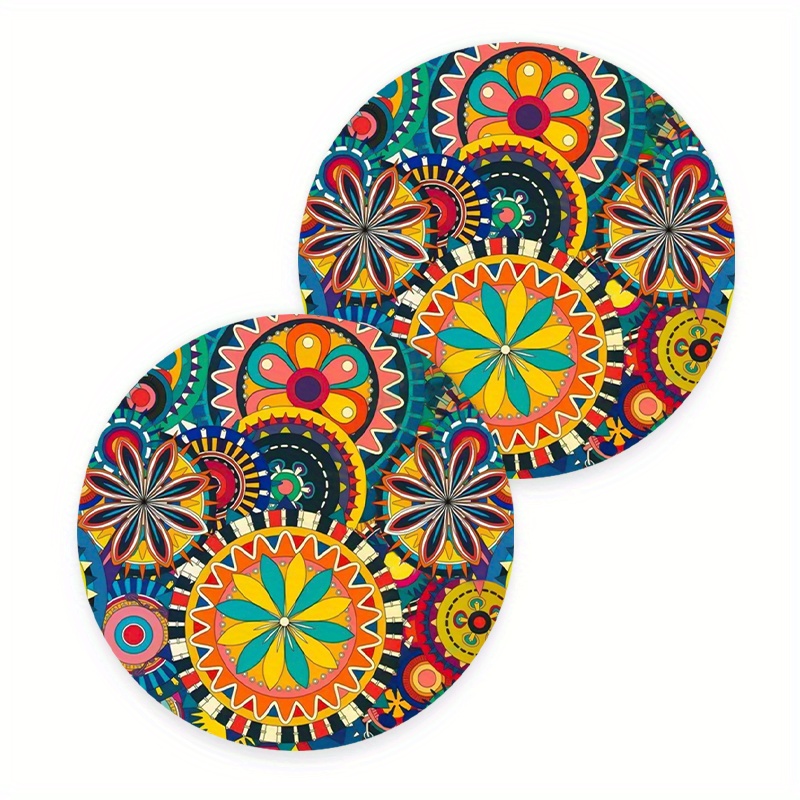 TEMU 2-pack Colorful Mandala Flower Faux Leather Car Coasters - 2.75-inch Circular Cup Holder Inserts For Car Interior Decoration And Festive Gifts