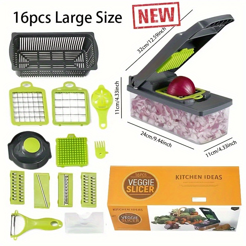 

16pcs Multifunctional Vegetable Chopper Set - Steel Blades, Manual , Grater, Onion , Interchangeable Attachments And Container - Kitchen Gadgets