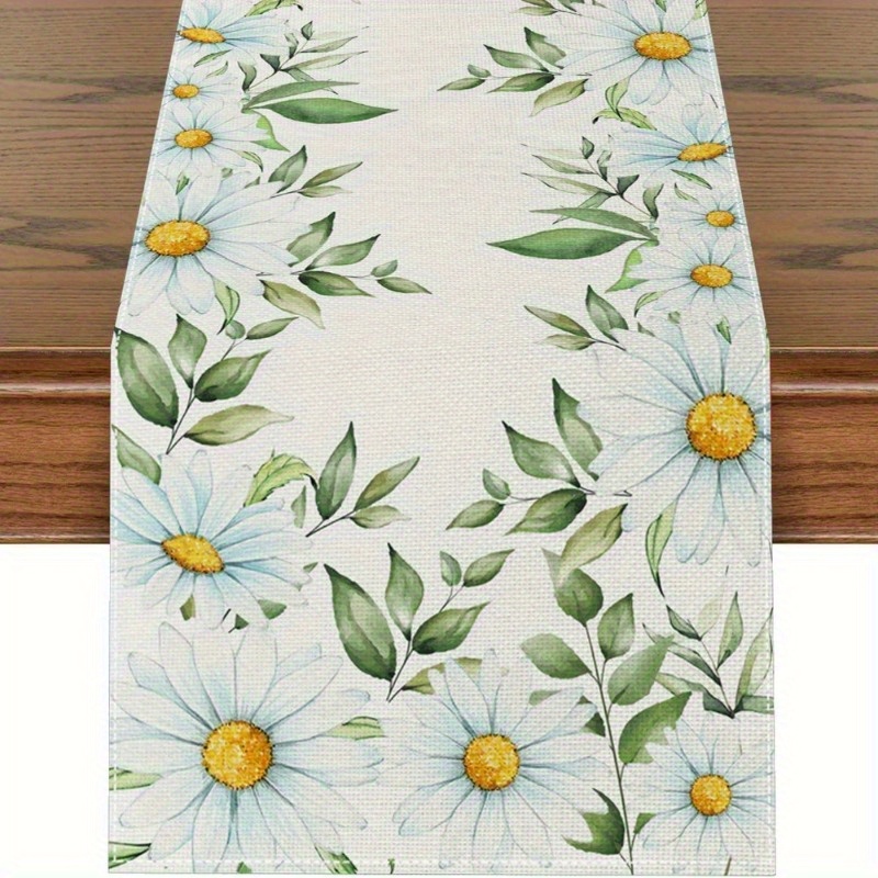 

Spring Daisy Polyester Table Runner - Rectangular Woven Watercolor Floral Design For Kitchen, Dining, And Home Decoration - Cream Party Accessory 13x72 Inch