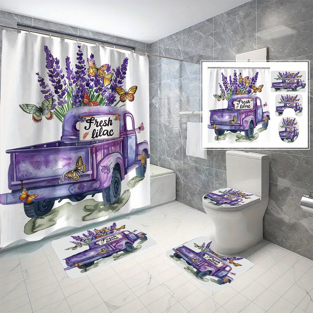

4pcs Fresh Lilac Truck Shower Curtain Set With Hooks, Water-resistant Polyester Cartoon Vehicle Theme, Machine Washable, All-season Woven Bath Accessories With Digital 3d Print Design