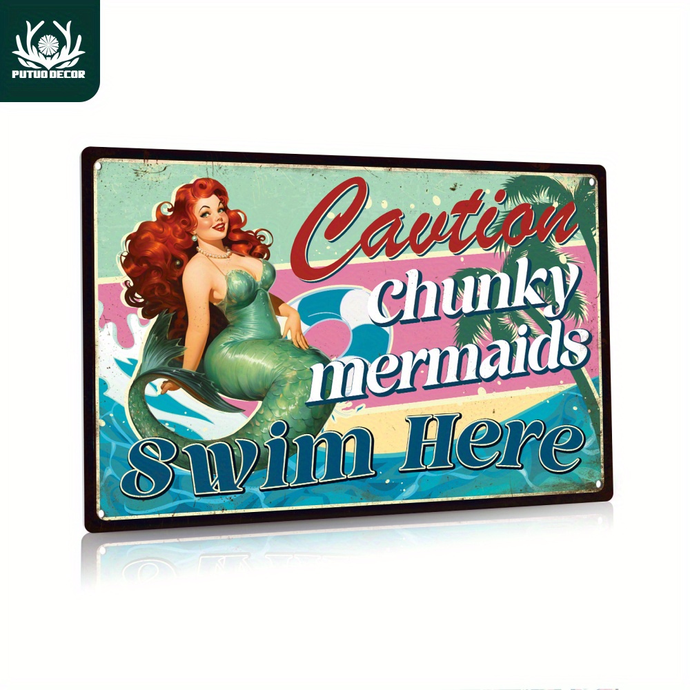 

Putuo Decor 1pc Swimming Pool Vintage Metal Tin Sign, Caution Chunky Mermaids Swim Here, Wall Art Decor For Home Swimming Pool Beach, 7.8 X 11.8 Inches