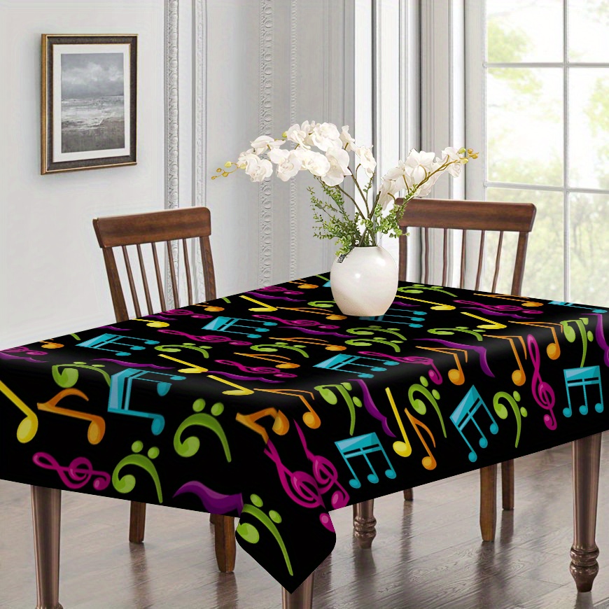 

1pc Music Note Printed Tablecloth - Mixed Color Polyester, Machine Woven, Wrinkle-resistant Dust Cover For Kitchen And Dining Room, Reusable Table Decor For Parties And Festive Occasions