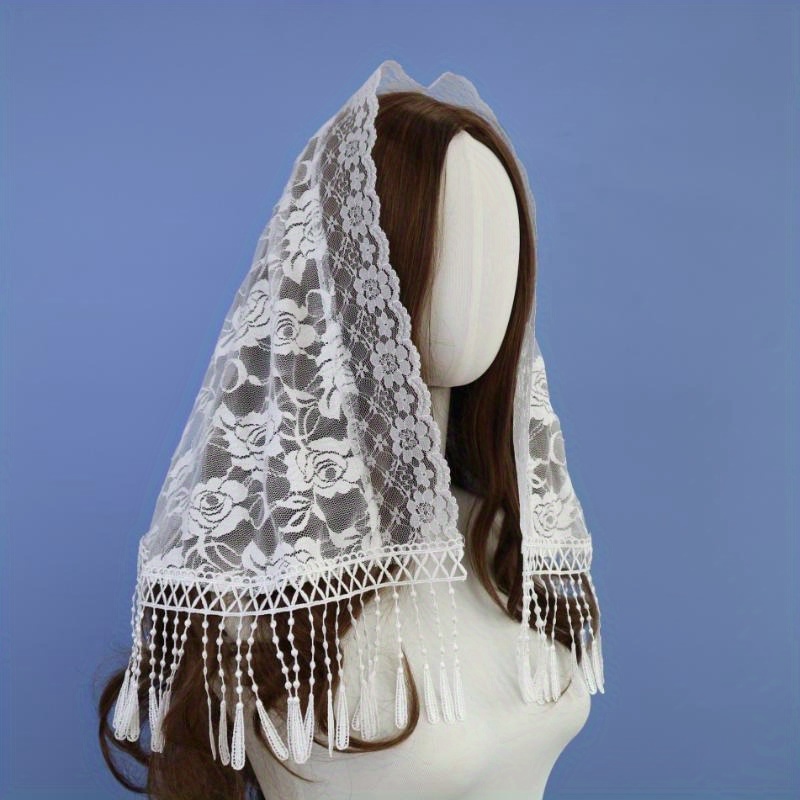 Women Ladies Lace Tassel Floral Triangle Veil Church Mantilla - Foto 10