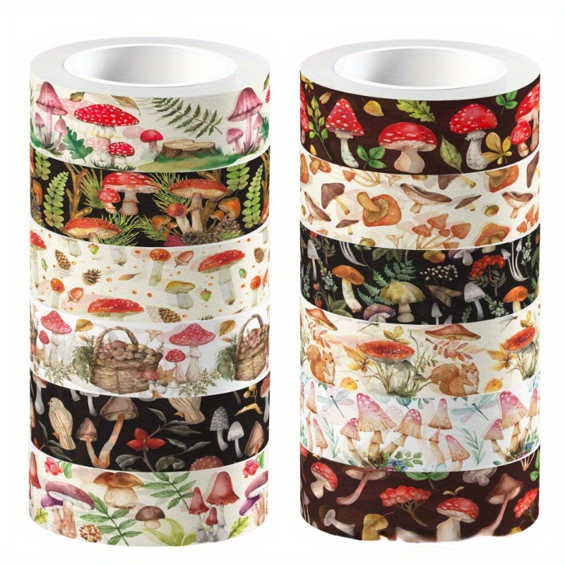 Image of Mushroom & Plants Washi Tape Set - 12 Rolls, Decorative Adhesive Masking Tape For Bullet Journals, Scrapbooking, Diy Crafts, Gift Wrapping & Party Decor