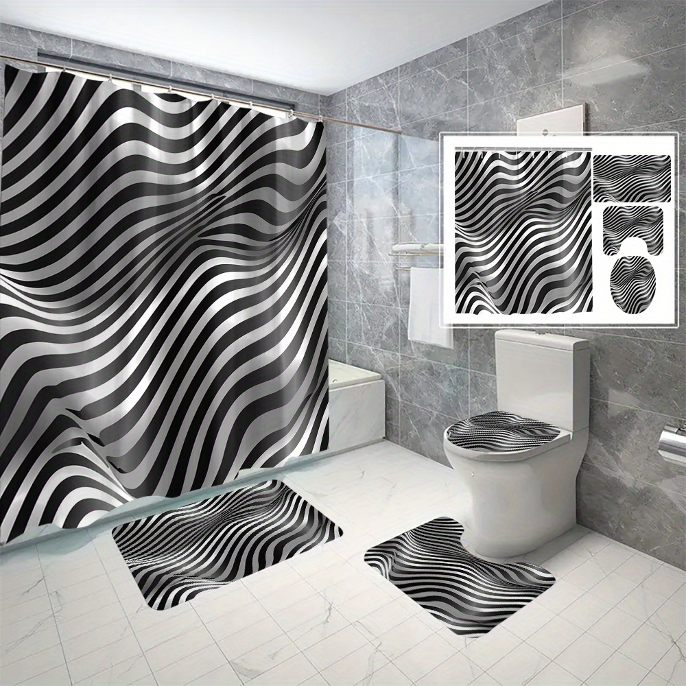 

4-piece Zebra Wave Shower Curtain Set - Waterproof & Mold-resistant, Includes Hooks, Machine Washable, Perfect For All Seasons