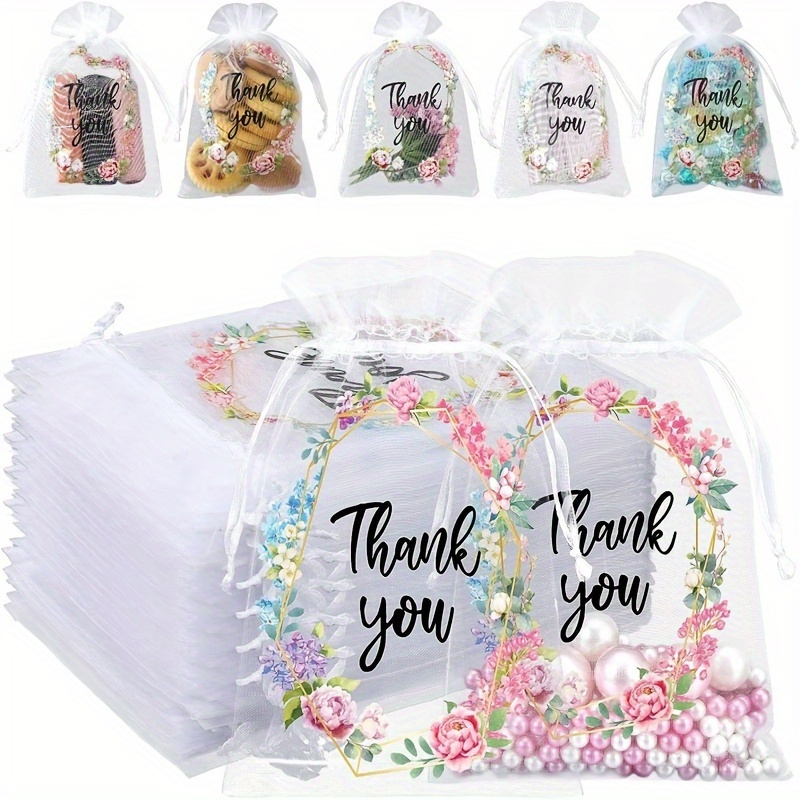 

20pcs Floral Thank You Organza Drawstring Bags - Plastic Mesh Jewelry Candy Gift Pouches For Wedding Party Favors, Small Business Supplies