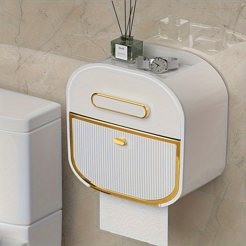 

1pc & Golden Wall-mounted Toilet Paper Holder - Waterproof, No-drill Installation, Round Plastic Storage Container With Drawer For Bathroom , Christmas/halloween Gift Decoration