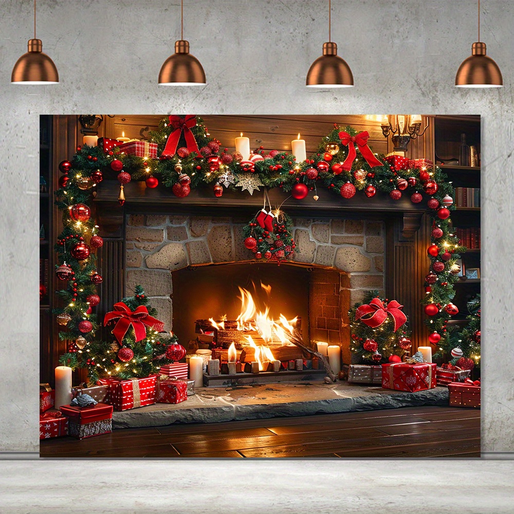 

Polyester Christmas Fireplace Backdrop Banner | Generically Fits Multiple Occasions | No Electricity Needed | Ideal For Scene Decor, Party, Outdoor Celebrations | Flame-resistant Decoration Curtain