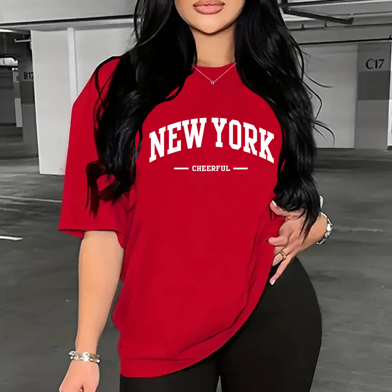 

Womens Plus Size Casual New York Print T-shirt And Shorts Set, Comfortable Sportswear, Loose Fit