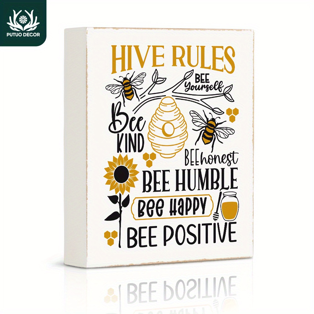 

Putuo Decor, Wooden Sign, Hive Rules Bees, Wood Plaque For Kitchen Home Bar Office Work Desk Decor Gifts, 4.7 X 5.8 Inches