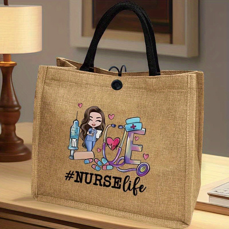 

Nurse Theme Burlap Tote Bag, Lightweight Casual Shoulder Bag, Large Capacity Commuting, School & Shopping