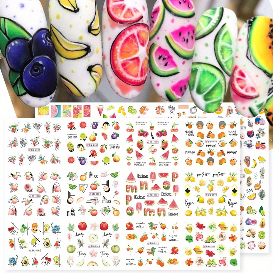 

Summer Fruit Nail Art Stickers - 24 Designs, Watermelon, Peach, Lemon & More - Easy Apply Water Transfer Decals For Diy Manicure