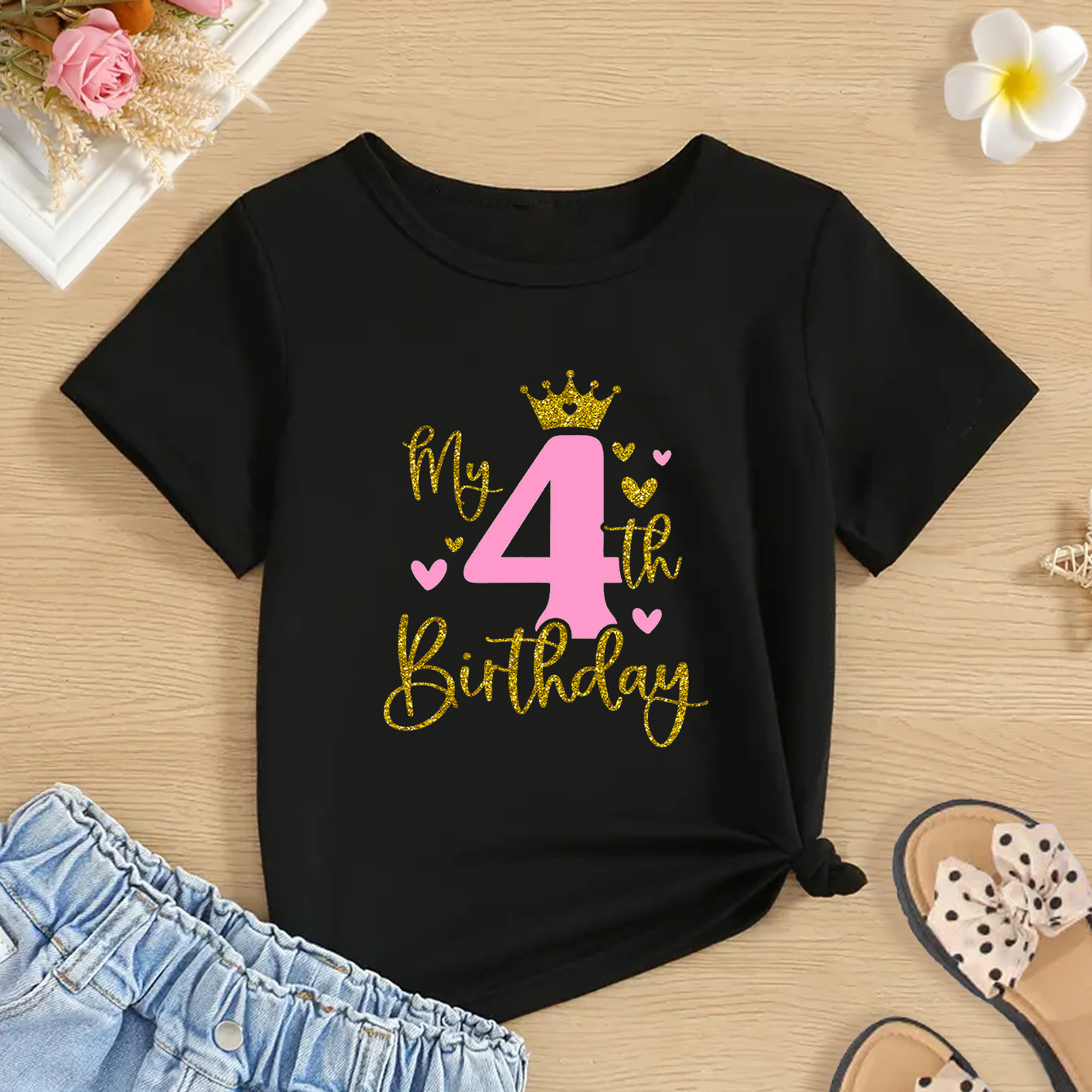 

My 4th Birthday Fashion Creative Letter Print Girls Casual Comfortable Breathable Crew Neck Short-sleeved T-shirt For Summer, Suitable For Outdoor Activities