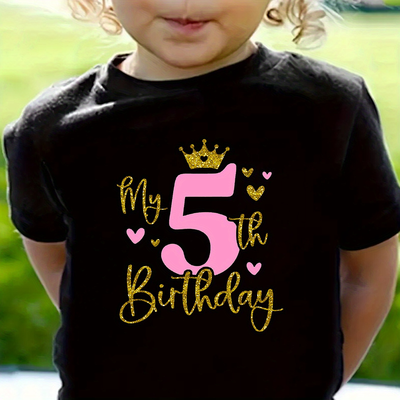 

My 5th Birthday Fashion Creative Letter Print Girls Casual Comfortable Breathable Crew Neck Short-sleeved T-shirt For Summer, Suitable For Outdoor Activities