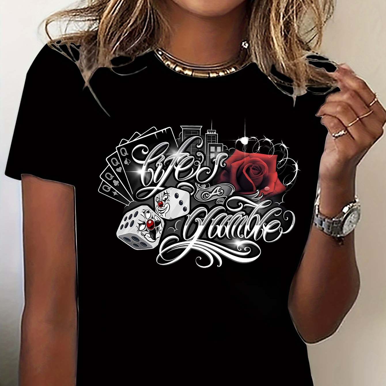 

Women's Casual Sporty T-shirt, "lucky Gambler" Dice & Roses Print, Comfort Fit Short Sleeve Tee, Fashion Breathable Casual Top