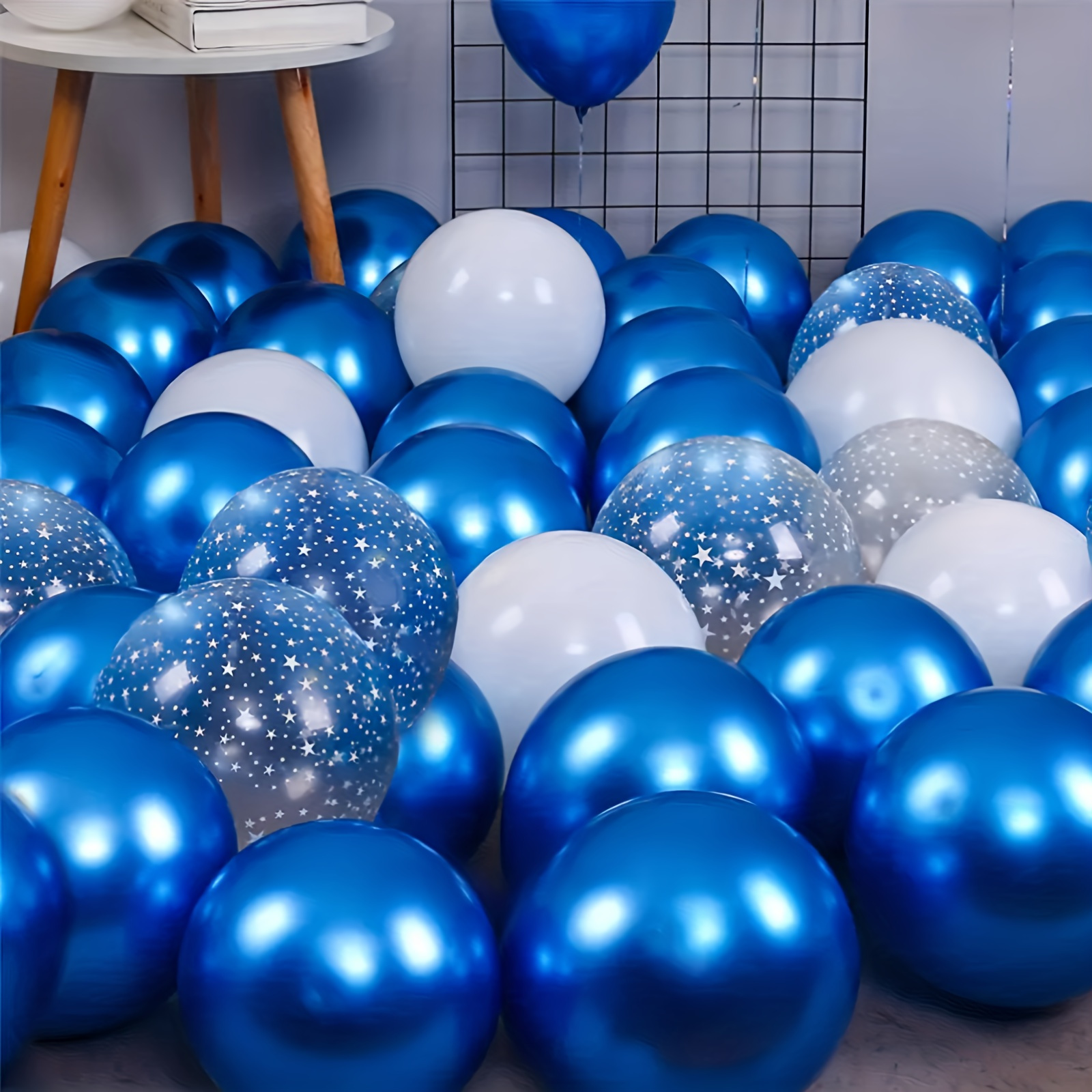 

50-piece Metallic Blue & White Star Balloon Set - Perfect For Birthdays, Weddings, Youngsters Showers & More - Durable Latex, No Power Needed, Ages 14+