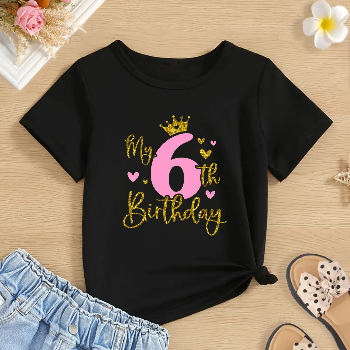 

My 6th Birthday Fashion Creative Letter Print Girls Casual Comfortable Breathable Crew Neck Short-sleeved T-shirt For Summer, Suitable For Outdoor Activities