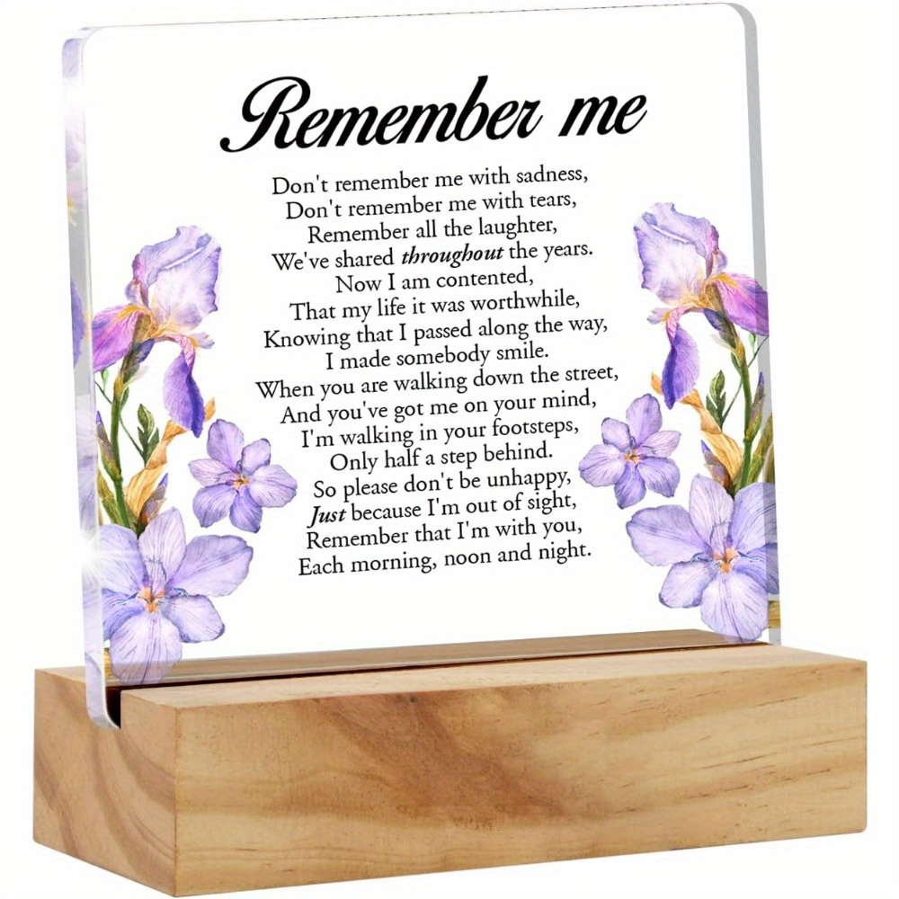 TEMU [2d Flat] Acrylic Memorial Plaque With Wooden Base - Condolence Gift For Loss Of Ones, Undecorated Transparent Floral Sadness And Grief Memorial