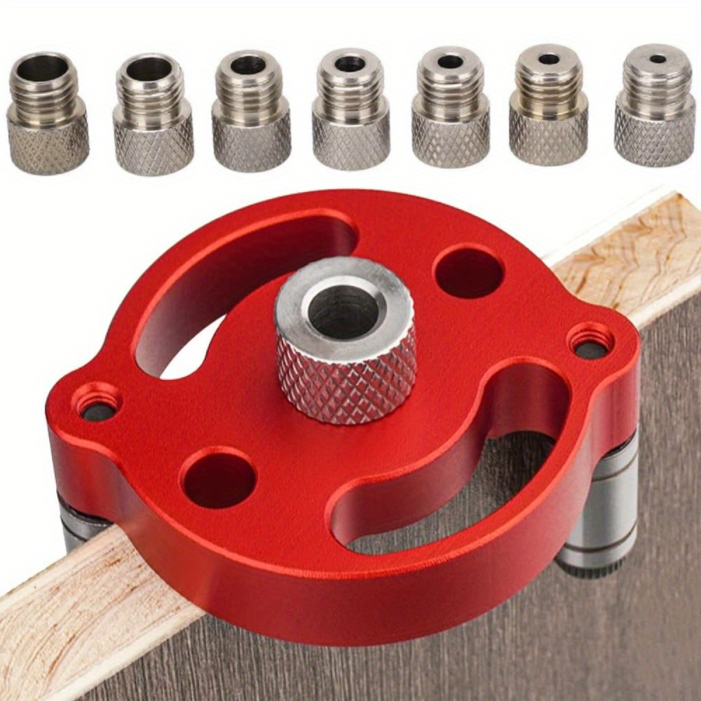 

1pc Aluminum Self-centering Doweling Jig Kit, Handheld Drill Guide, Straight Hole Puncher Locator For Woodworking Joints, Durable Red Wood Panel Hole Drilling Tool