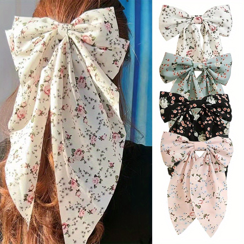 

2pcs Floral Print Daisy Bow Hairpin Set - Elegant Sweet Bowknot Duckbill Clip - Pastoral Retro Style Fabric Hair Clip With Bow Tie Shape - Printed Bow Hair Accessory For Girls And Women 14+