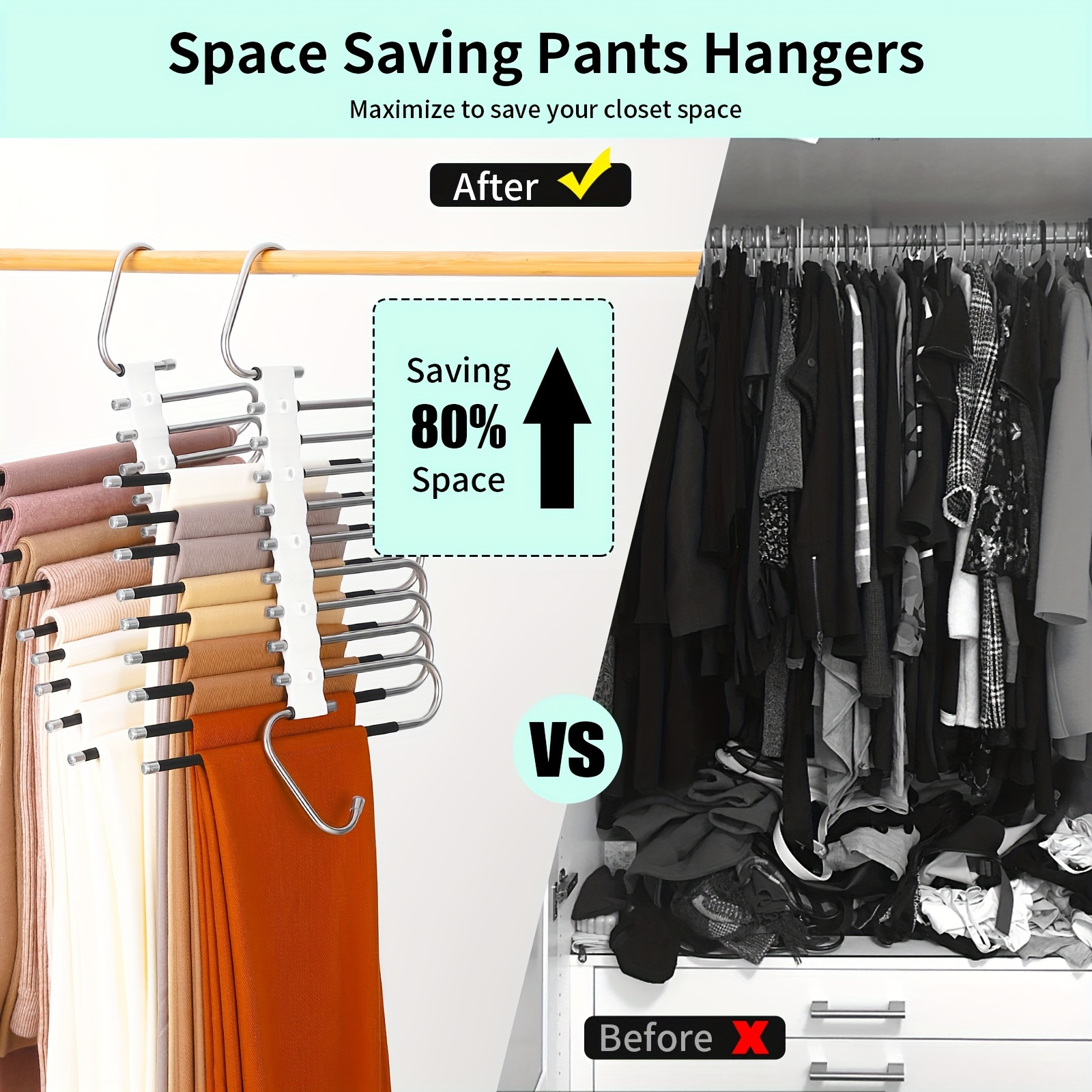 space saving 9 layer pants hanger non slip stainless steel with 5 bonus hooks for closet organization saves 80 space on leggings jeans trousers space saving hangers hangers for pants details 1