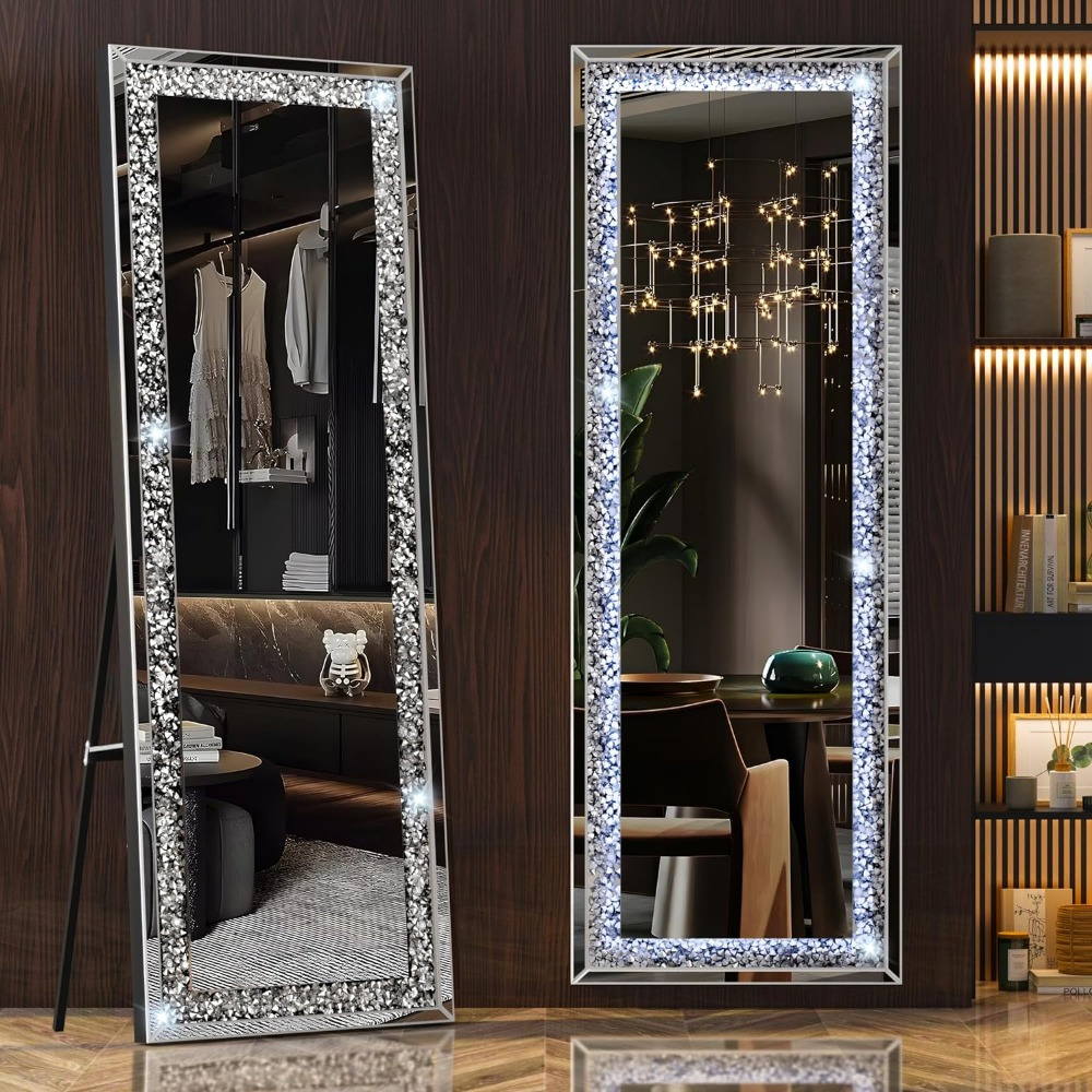 

Hasipu Full Length Mirror 63''×20'' With Lights And Crystal Crush Diamond, Wall Mounted Hanging Diamond Mirror Leaning For Living Room Bedroom