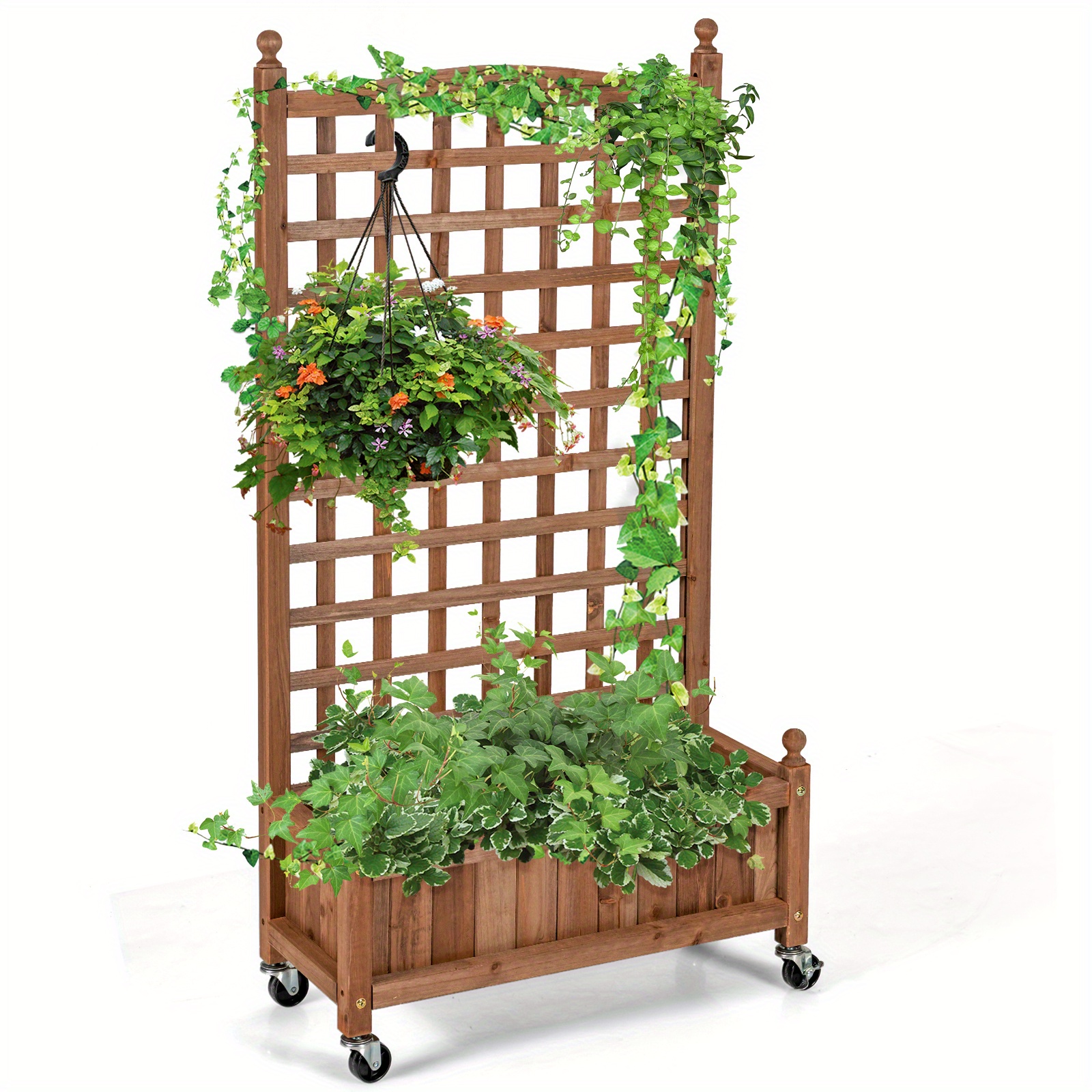 

Costway 50 In Wood Planter Box W/trellis Mobile Raised Bed For Climbing Plant