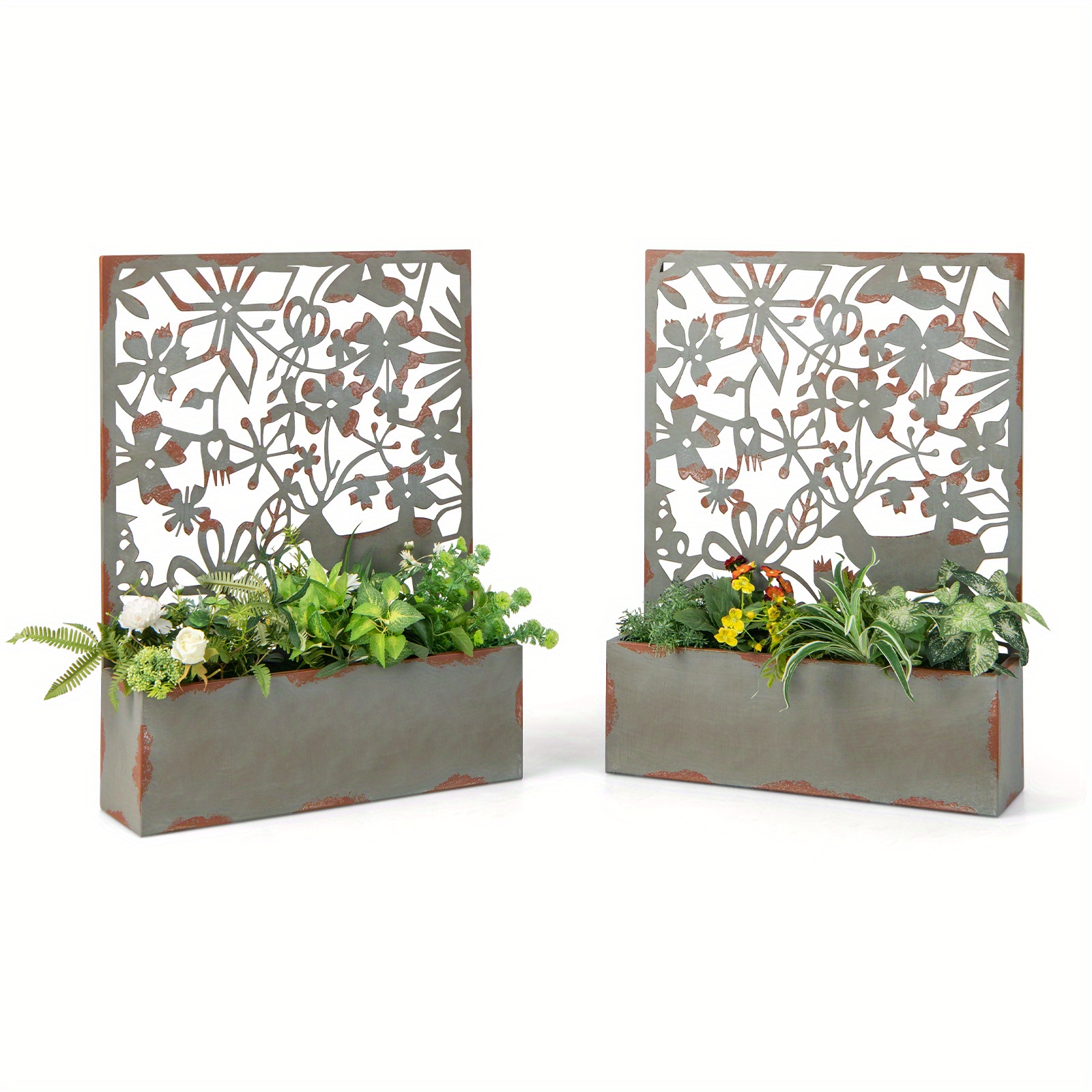 

Costway Set Of 2 Decorative Raised Garden Bed Wall-mounted Metal Planter Box W/ Trellis