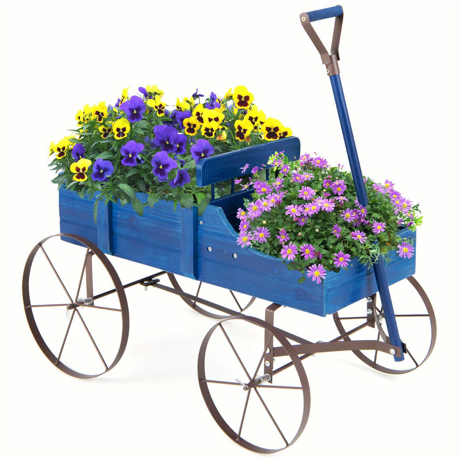 

Costway Wooden Garden Flower Planter Wagon Plant Bed W/ Wheel Garden Yard Blue