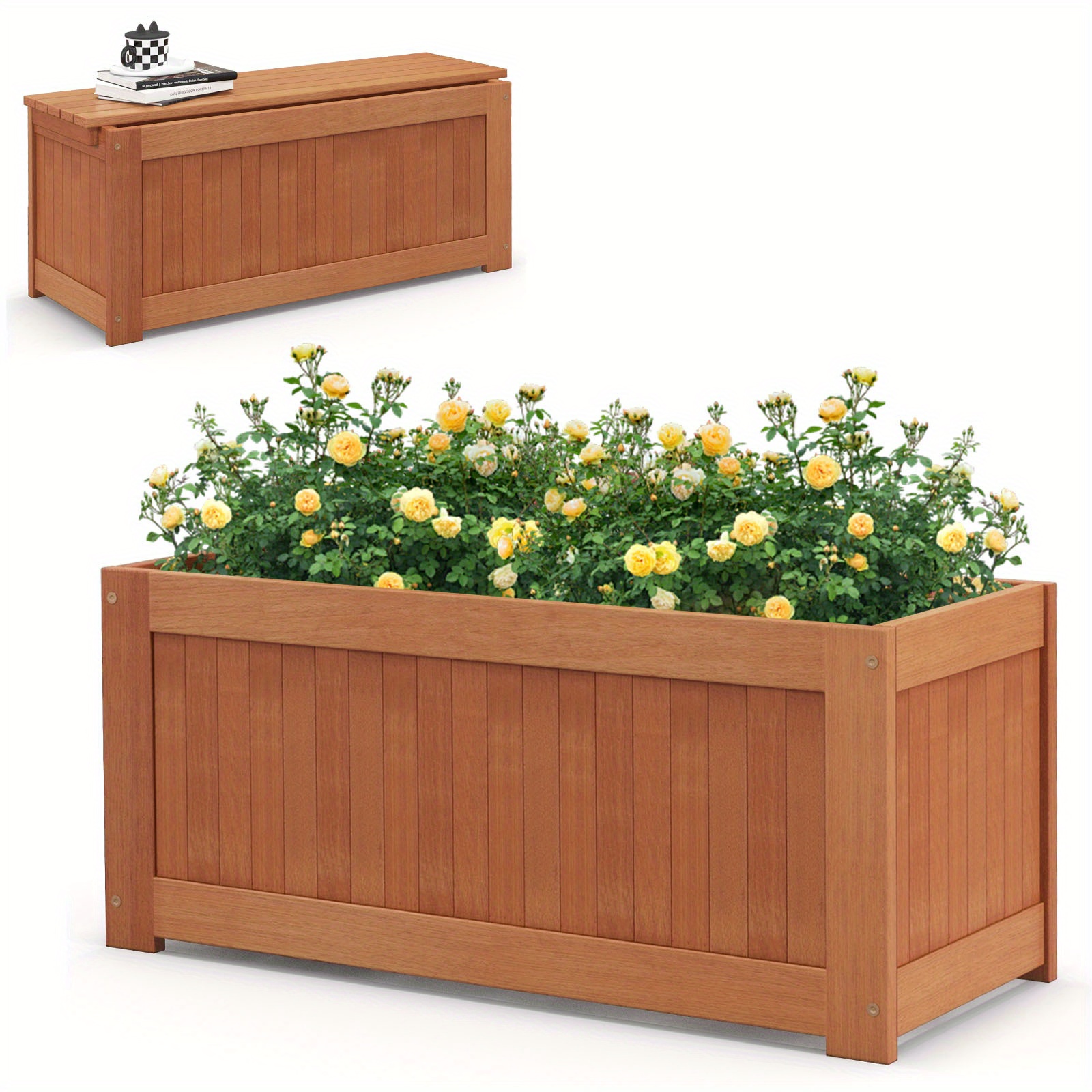 

Costway Wood Outdoor Planter Box W/ Seat 2-in-1 Wooden Raised Garden Bed & Bench