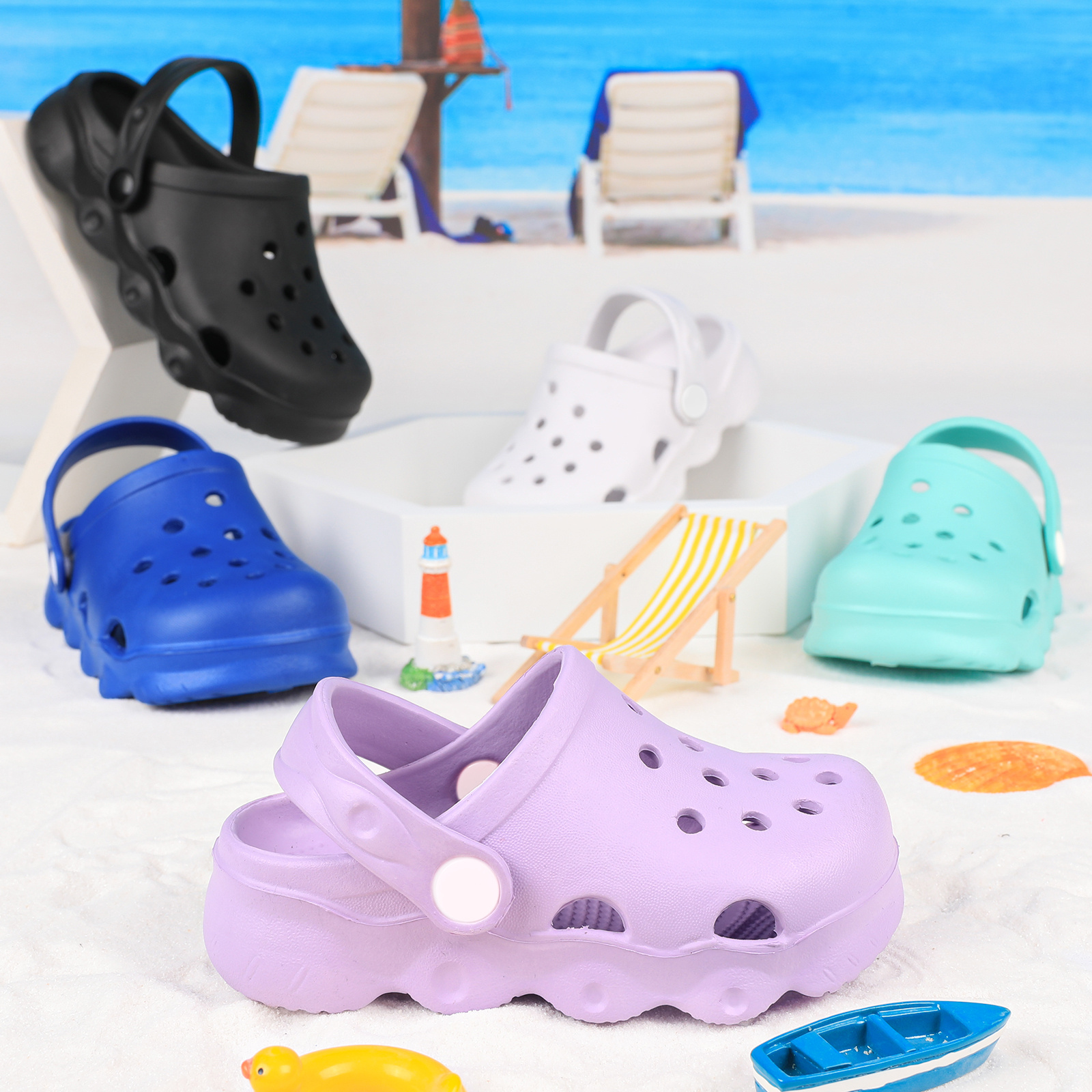 Youngsters' Lightweight Breathable EVA Beach Sandals - Anti-Slip Slip-On Slippers with Ventilation Holes, Low-Top Casual Street Style for Youngsters & Youngsters, Summer Garden & Outdoor Play (Black/White/Blue/Purple), Summer Sandals