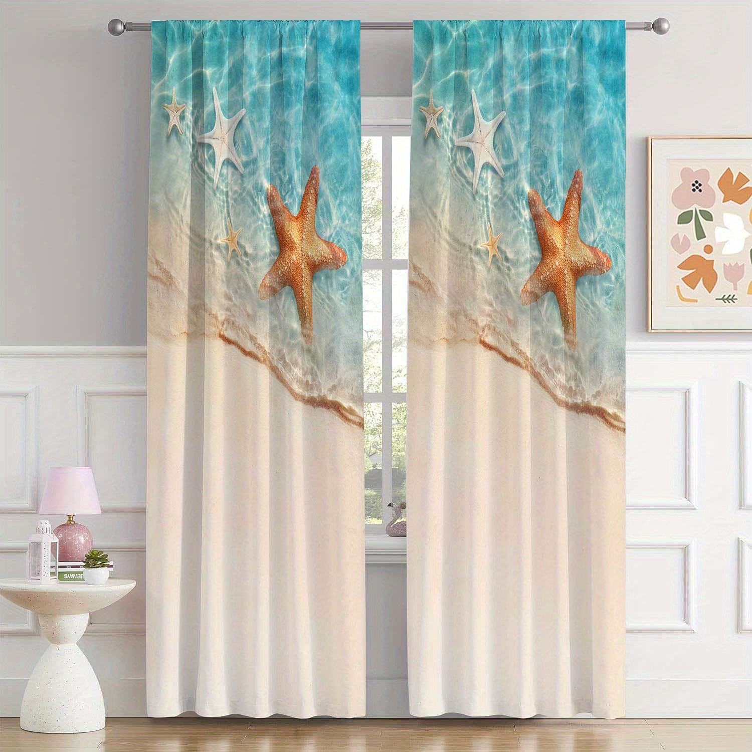 

Boho Beach Shell Starfish Print Polyester Curtains For Living Room - Easy Care, Durable Jacquard Weave, Pastoral Theme With Tie Backs Included, Machine Washable, Perfect For All Seasons